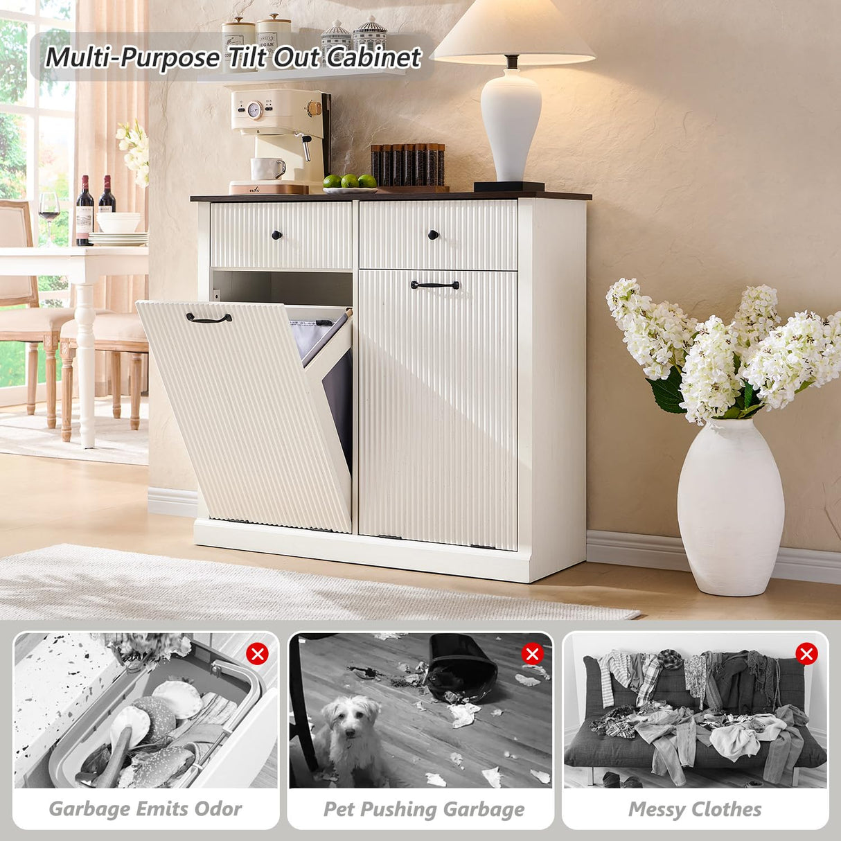 IFGET Modern Double Tilt-Out Trash Cabinet, 20 Gallon Fluted Laundry Hamper Cabinet with 2 Drawers, Wooden Hidden Garbage Can Cabinet with Storage Basket,Free Standing for Kitchen & Living Room, White IFGET