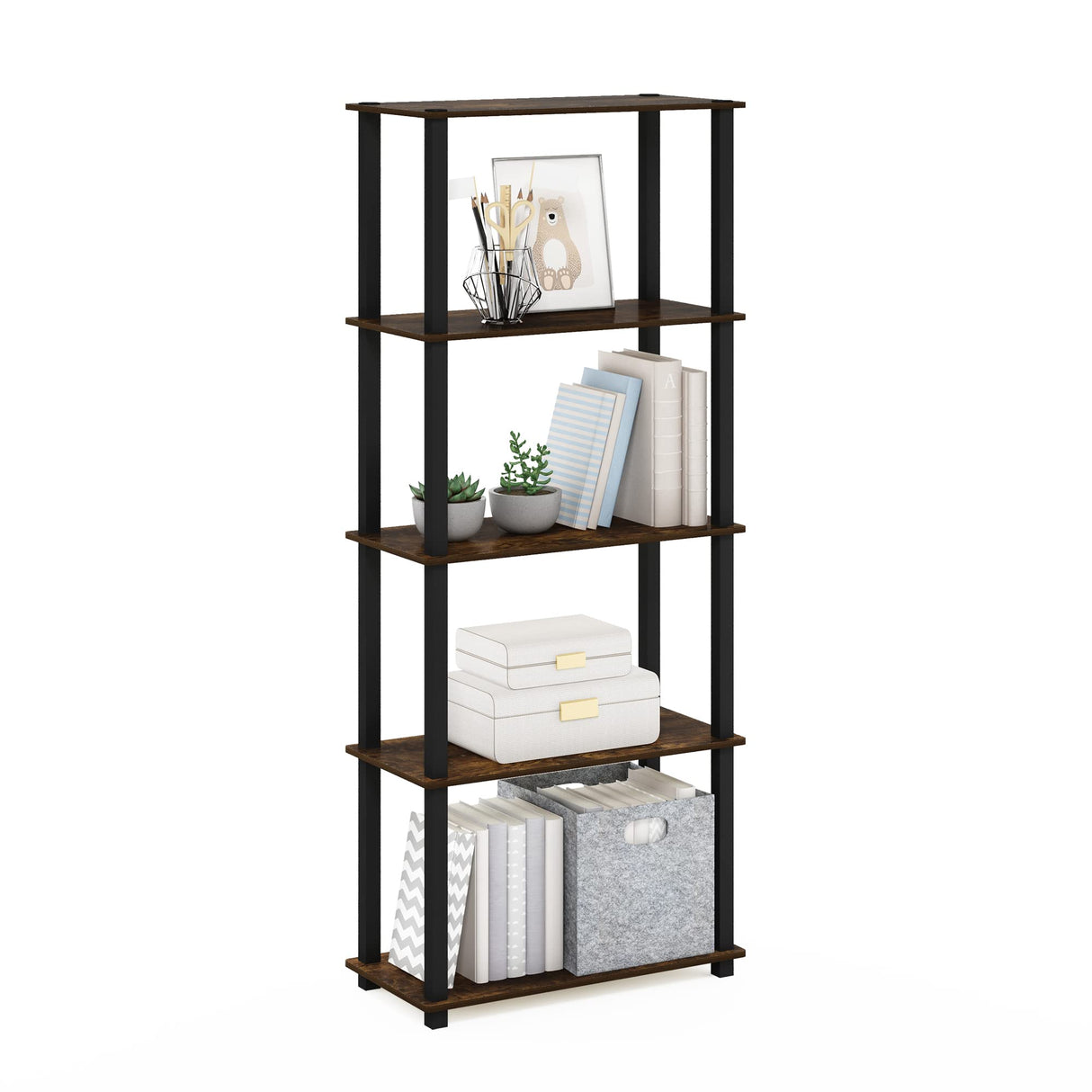 Furinno Turn-S-Tube 5-Tier Multipurpose Shelf Display Rack with Square Tubes, Amber Pine/Black Furinno