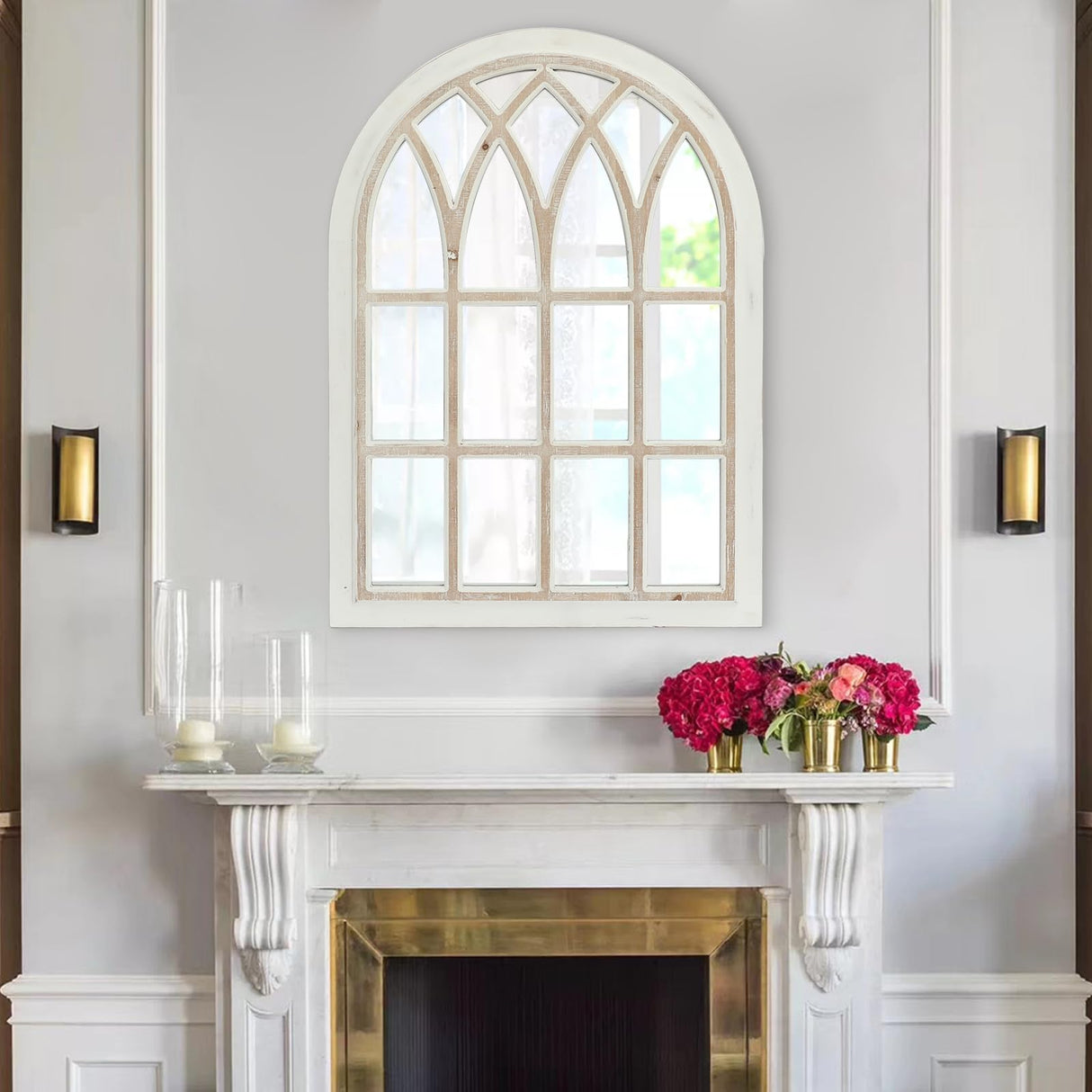 FLORA Farmhouse Window Pane Mirror, Large Decorative White Wall Mirror for Living Room Kitchen Entryway, 24 L x 34 FLORA