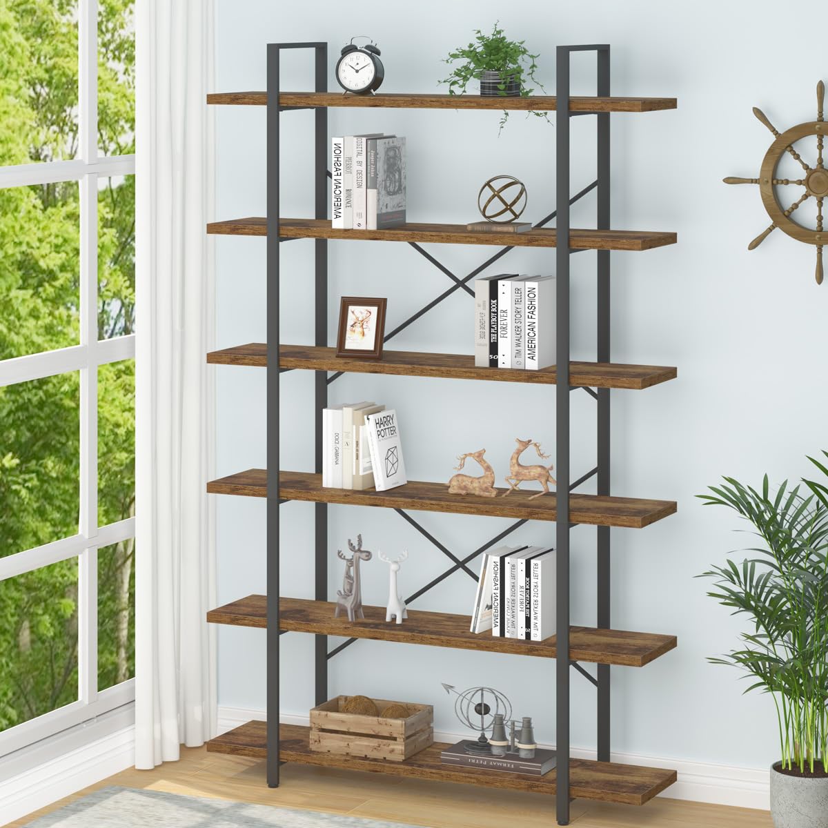 Industrial Modern 6-Tier Tall Bookcase in Rustic Brown - Open Wood and Metal Display Rack HSH