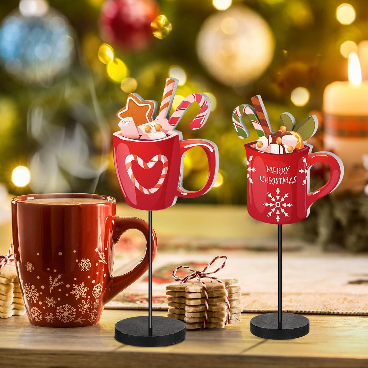 3 Pcs Christmas Table Decor Hot Chocolate Bar Hot Cocoa Bar Supplies Christmas Table Centerpieces Christmas Wooden Sign Tabletop Decor for Home Xmas Winter Holiday Party Decorations Geetery