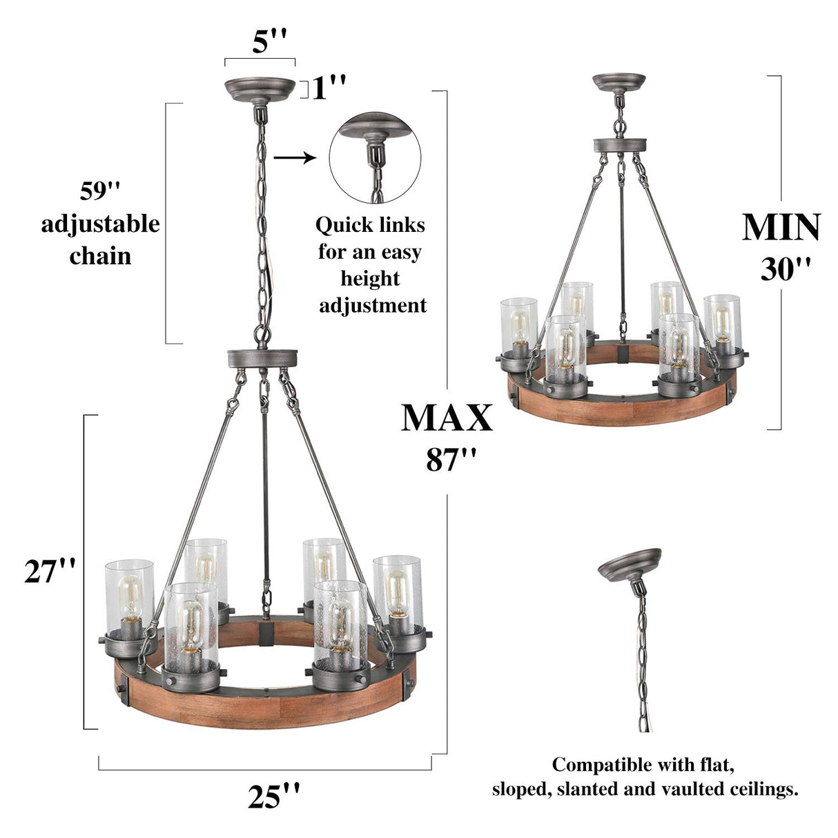 GEPOW Farmhouse Wood Chandelier, Round Wagon Wheel Light Fixture with Seeded Glass Shades for Dining Room, Living Room, Bedroom, Kitchen Island and Foyer GEPOW