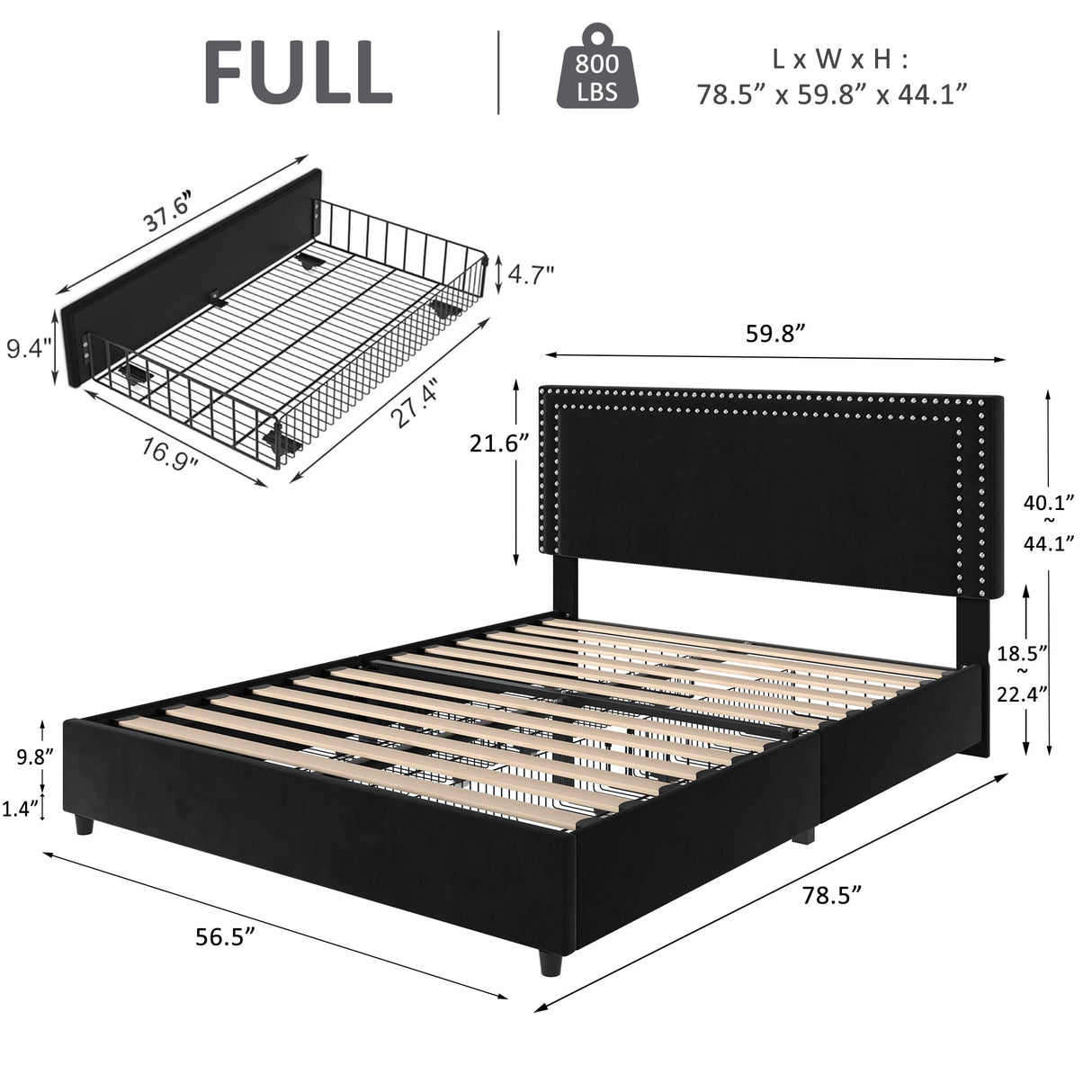 VECELO Full Size Upholstered Platform Bed Frame with 4 Storage Drawers, Adjustable Velvet Rivet Decor Headboard, Wooden Slats Support, No Box Spring Needed, Easy Assembly VECELO
