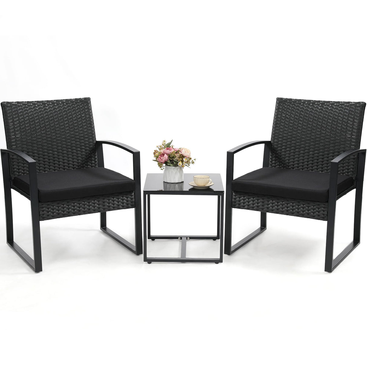 Murago 3 Piece Wicker Patio Bistro Set, Rattan Conversation Set with Coffee Table, for Balcony, Porch, Garden, Yard, Poolside, Black Frame with Black Cushion Murago