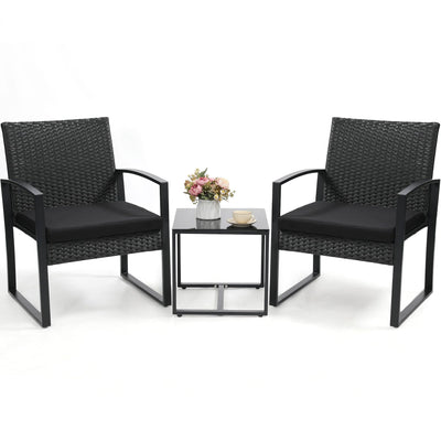 Murago 3 Piece Wicker Patio Bistro Set, Rattan Conversation Set with Coffee Table, for Balcony, Porch, Garden, Yard, Poolside, Black Frame with Black Cushion