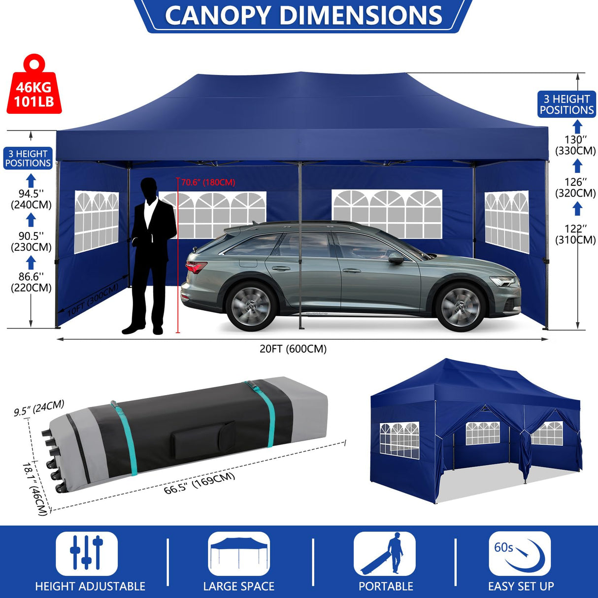 COBIZI Pop up Canopy Tent 10x20 Heavy Duty Gazebo with 6 Sidewalls, UPF 50+ All Weather Waterproof Commercial Outdoor Wedding Party Tents Canopy with Roller Bag, Dark Blue COBIZI