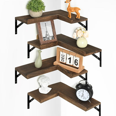 Livofloral 4 Tier Corner Floating Shelves with Protective Lip, Corner Shelf Floating for Storage, Rustic Wooden Corner Wall Shelf for Bathroom Bedroom Kitchen and Living Room - Brown
