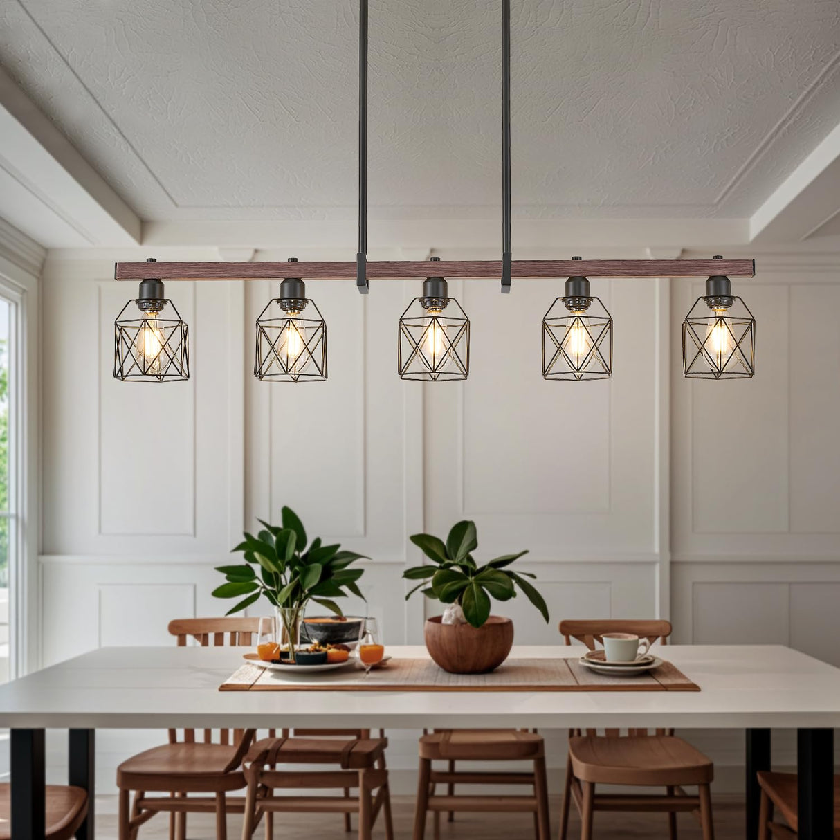 Ruibutrade 5-Light Modern Farmhouse Island Lighting, Adjustable Height Rustic Chandelier with Walnut Metal Frame & Matte Black Geometric Shade, E26 Base Hanging Light for Dining Room Over Table Ruibutrade