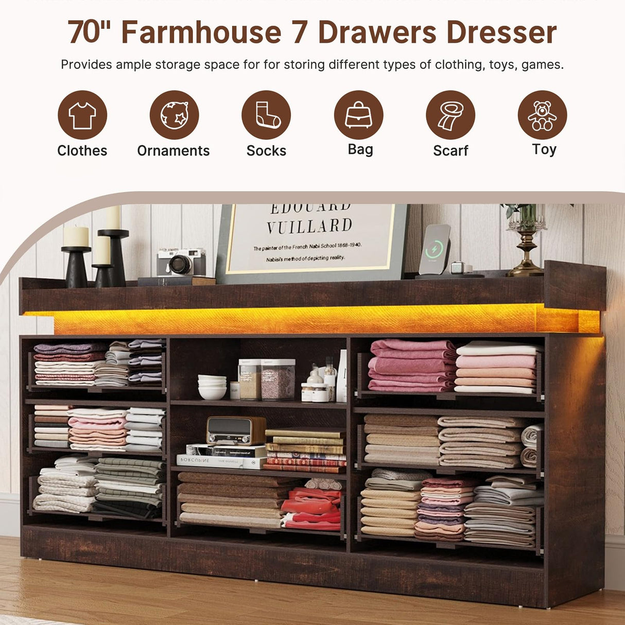 70" Large Farmhouse 7 Drawers Dresser for Bedroom with LED Light and Power Outlets + 2 Open Storage Shelves,Wide 7 Chests of Drawers for Closet,Storage Dressers Organizer for Bedroom(Antique Brown) Hlivelood