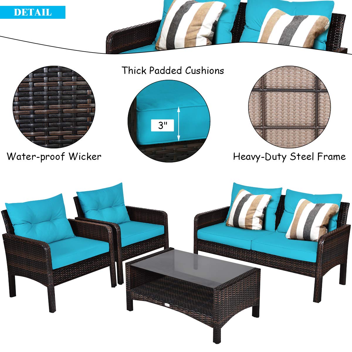 Tangkula 4 Piece Patio Furniture Set, Outdoor Wicker Conversation Set with Glass Top Coffee Table, All Weather Proof and Thick Cushions, Suitable for Porch, Garden, Poolside and Lawn (Turquoise) Tangkula