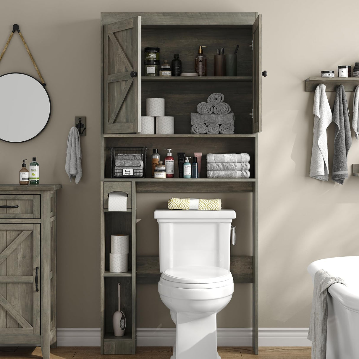 furomate 32.3''W Over The Toilet Storage Cabinet with Barn Doors, Over Toilet Shelf Farmhouse Storage Cabinet Space Saver with Toilet Paper Holder & Adjustable Bottom Bar, Gray Furnideco