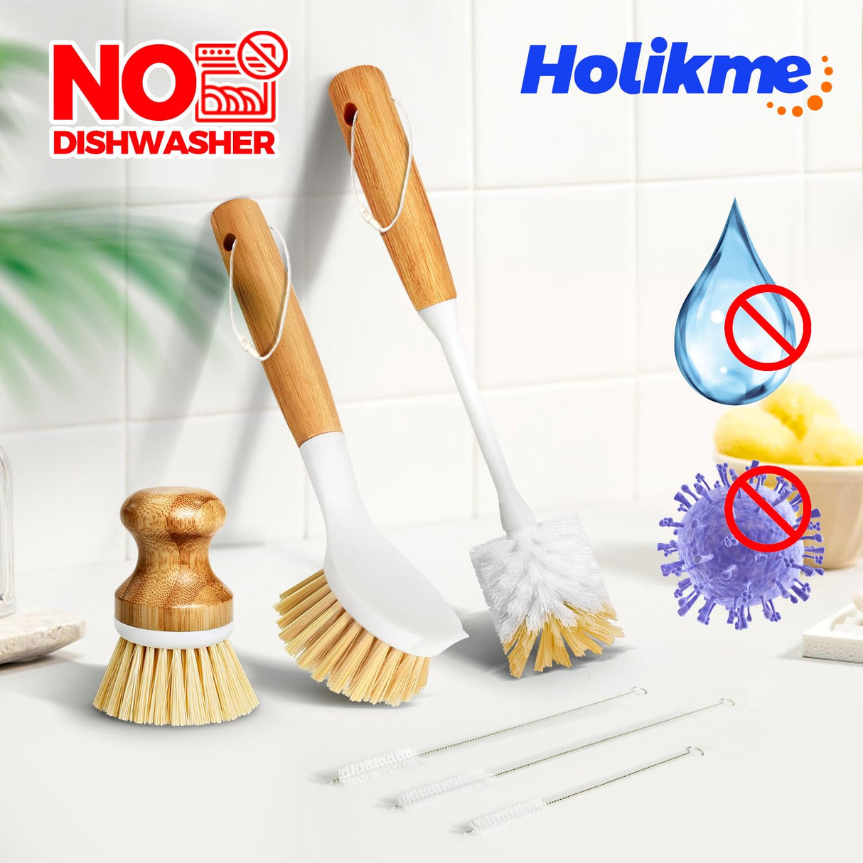 Holikme 6 Pack Dish Brush Scouring Pad Set with Bottle Brush, Dish Brush, Palm Scrub Brush and Straw Brush, Dish Scrubber Long Handle for Dish Bottle Cup Skillet Wok Pot Pan Cast Iron, Yellow Holikme