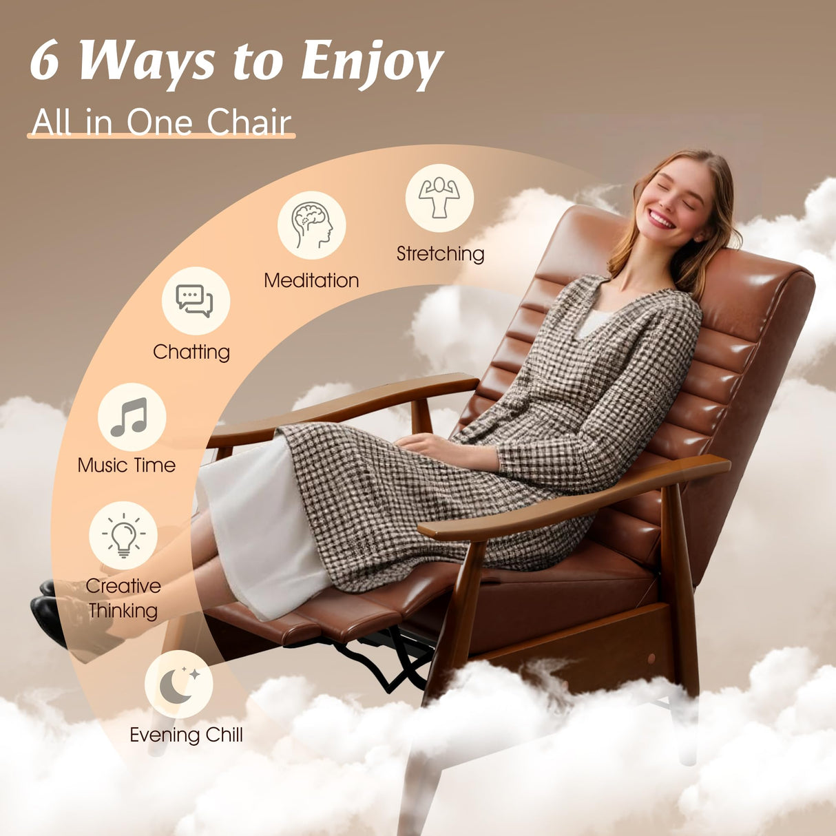 WYPIIITS Leather Recliner Chair, Mid Century Push Back Accent Chair, Comfortable Living Room Chair with Solid Wood Frame, High Back Lounge Chair for Reading and Relaxing (Brown, 1-Pack) WYPIIITS