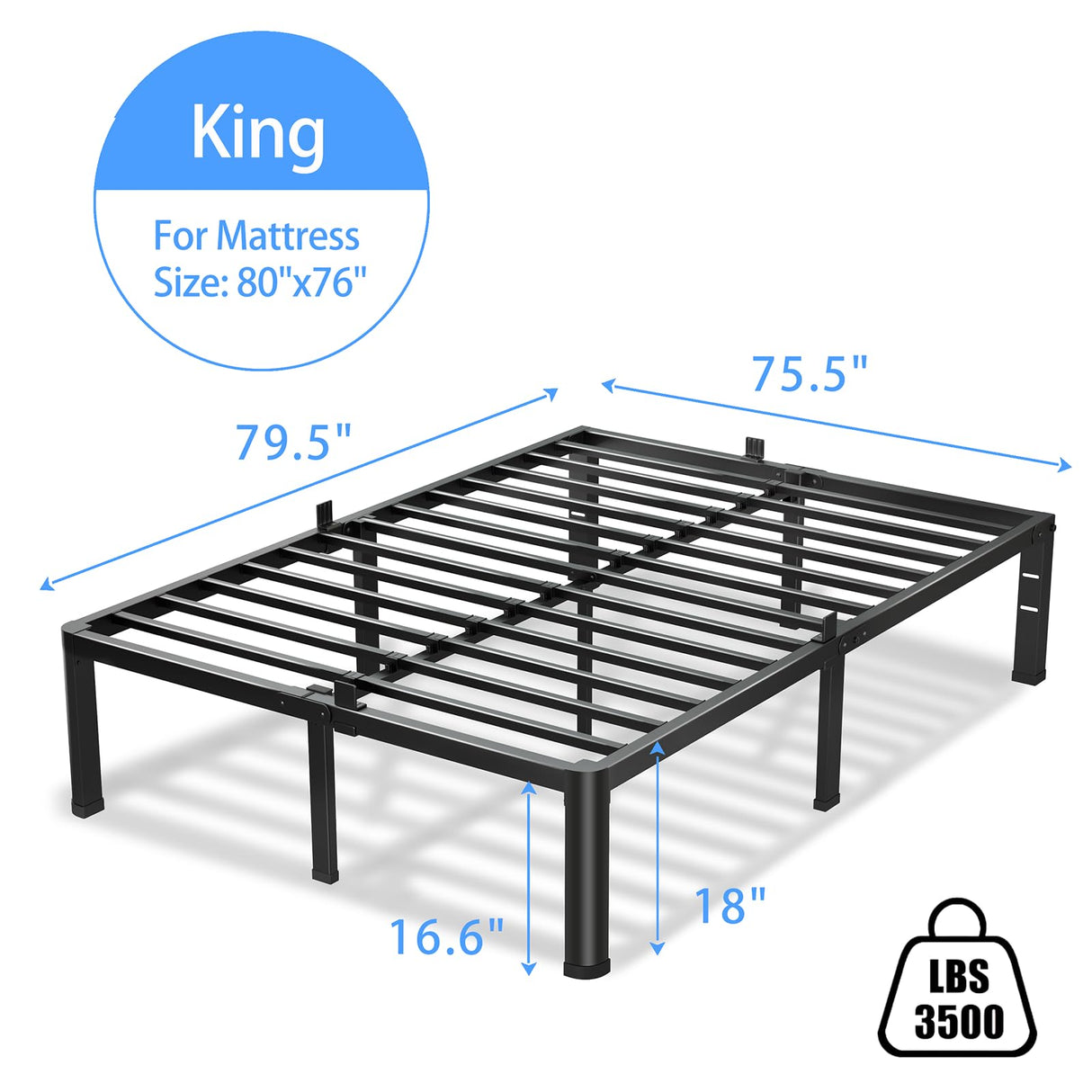 VIPSHOW 18 Inch King Size Bed Frame, 3500Lbs Heavy Duty Metal Platform with Round Corner Legs Mattress Slide Stopper, Steel Slat Support No Box Spring Needed, Noise Free, Non-Slip, Easy Assembly VIPSHOW