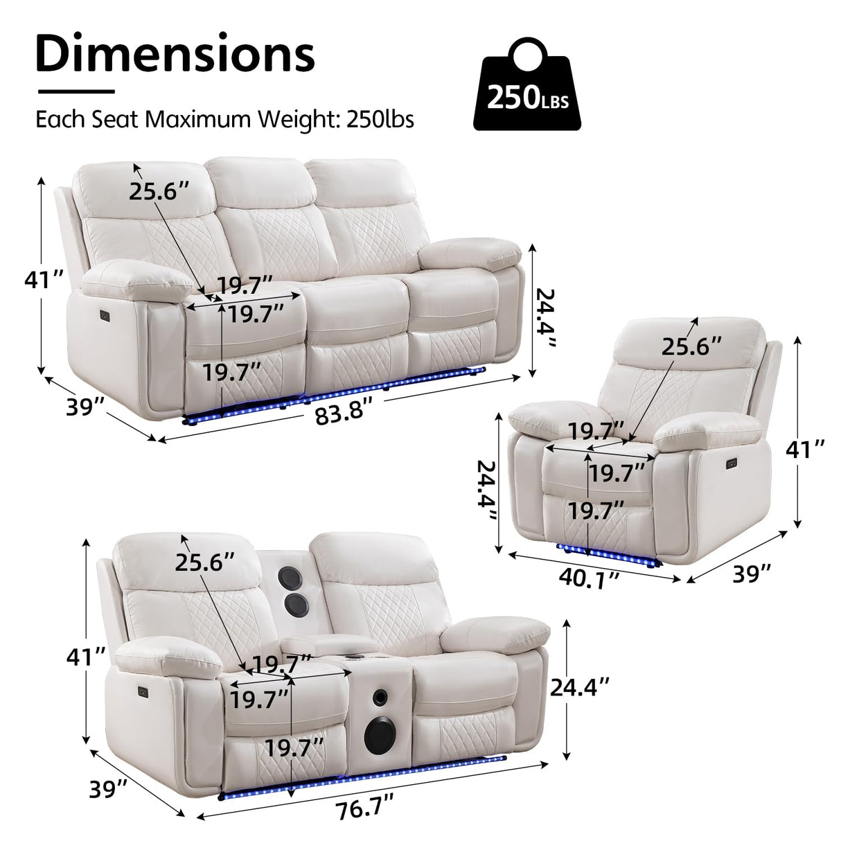 Power Recliner Sofa Set of 3 Piece with Bass Speakers for Living Room,Faux Leather Electric Zero Gravity 3 Seater Reclining Couch with Wireless Charger and Loveseat Theater Chair with LED Lights,White Comfort Stretch