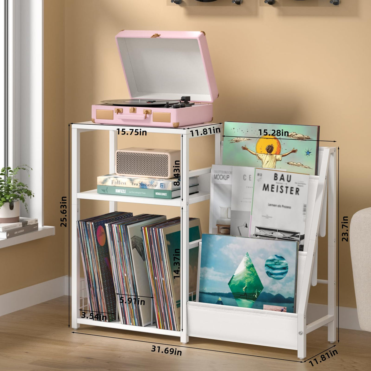 LELELINKY Record Player Table,Turntable Shelf with Vinyl Storage Up to 150 Albums,White Side Table with 3 Tier Magazine Periodical Book Rack,Wide Metal Record Holder Cabinet for Room Office LELELINKY