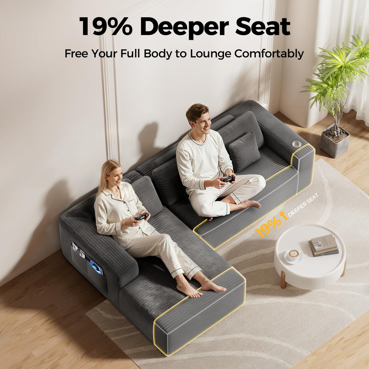 CAMMOO 108” Cloud Sectional Couch in One Box, Compressed Modern Modular Sectional Sofa with Deep Seat, Corduroy Boneless Couches with Chaise, L-Shaped Sofa for Living Room, 4 Storage Pockets(Grey) CAMMOO