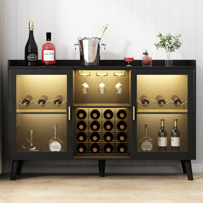 GYFIMOIE Modern Wine & Cocktail Cabinet with LED Light, Home Bar w Wine Rack and Glass Holder, Kitchen Buffet with Storage, Freestanding Liquor Cabinet (Black)