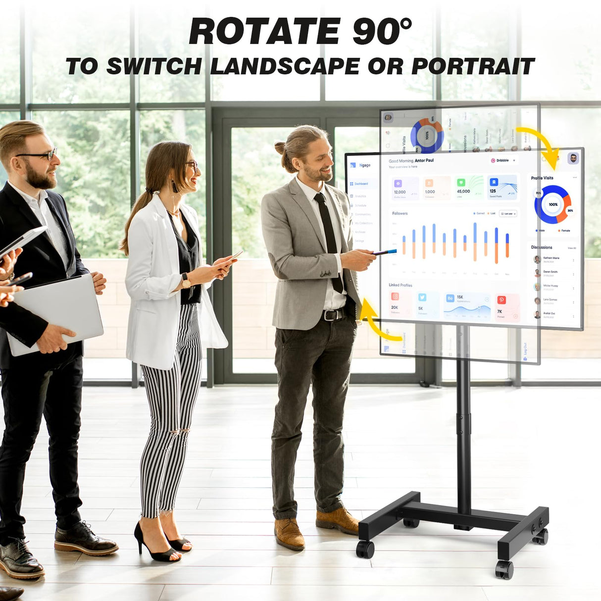 5Rcom Rolling TV Stand, Mobile TV Cart for 13-50 Inch Flat Curved TV with Tilting and Rotating, Portrait to Landscape, Height Adjustable Portable TV Stand with Wheels for Home/Office/Outdoor/Mall 5Rcom