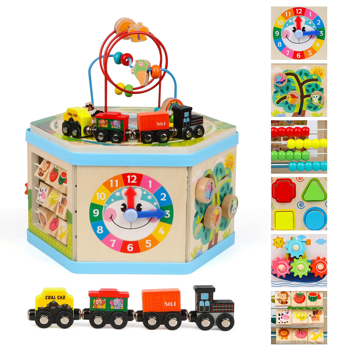 Wooden Activity Cube 9-in-1 Montessori Toys for 1+ Year Old Boys Girls Educational Learning Toys for Toddlers Age 1-2 One Year Old First Birthday Gift Bead Maze Magnetic Trains Track Shape Sorter FOPNETS
