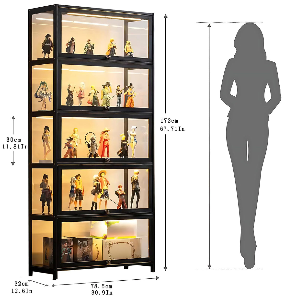 ouioyggk Display Cabinet with Acrylic Glass Door, 5-Tier Curio Display Case, Collectibles Toy Organizers Rack & Display Shelf, Kids Bookcase for Home, Office, Playroom, Living Room, Black ouioyggk