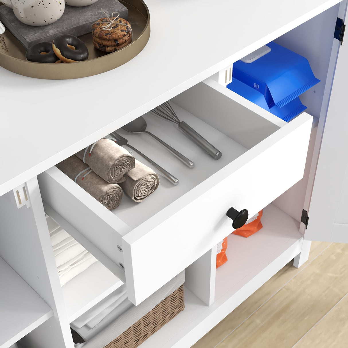 HOMCOM Freestanding Rustic Buffet with Hutch, 4 Door Farmhouse Kitchen Pantry Cabinet, Microwave Stand with Beadboard Panel, Drawer and Adjustable Shelves, White Aosom