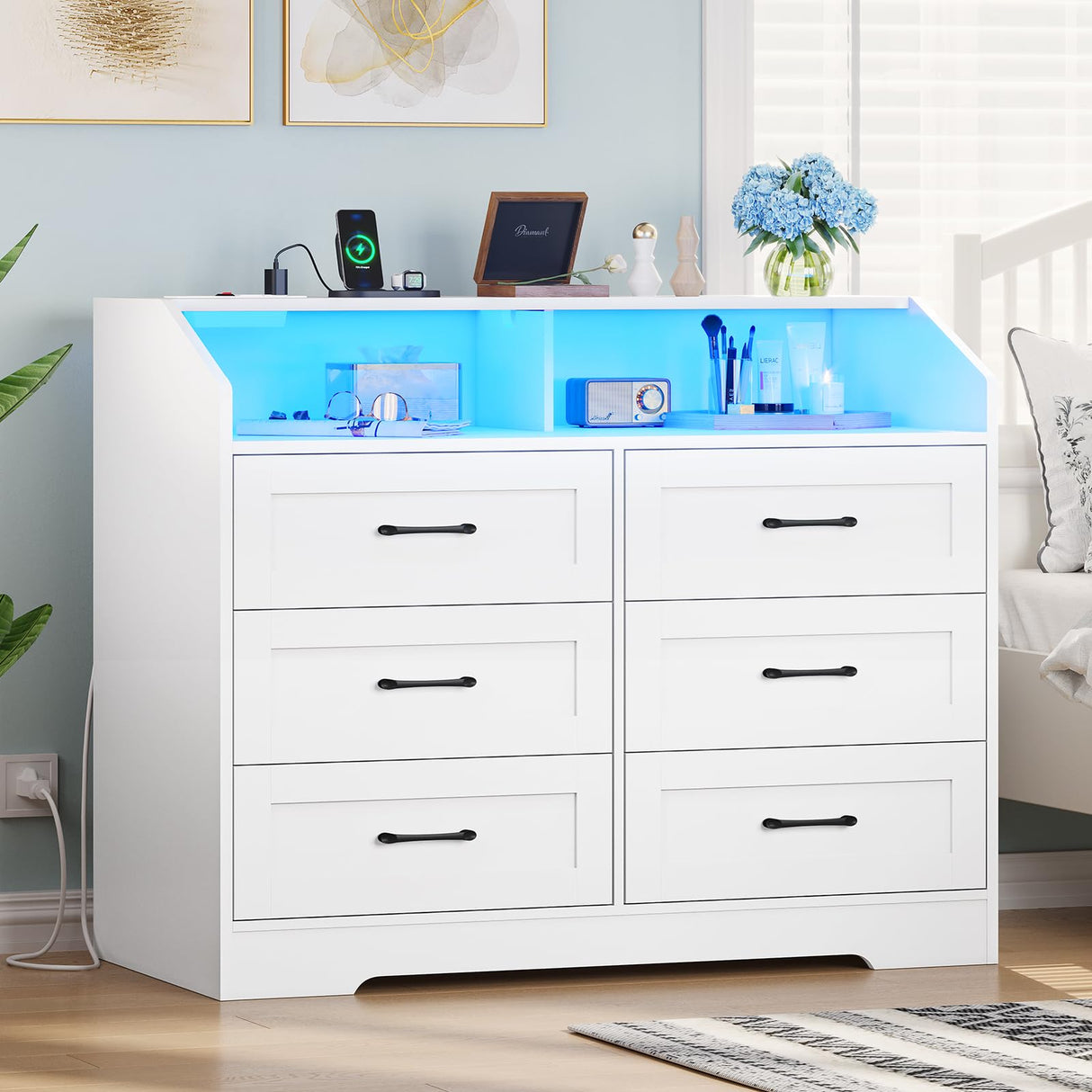 Hasuit White Dresser for Bedroom with LED Lights and Charging Station, Modern Wood 6 Drawers Storage Tower Clothes Organizer, Large Capacity Chest of Drawers Storage Cabinet for Bedroom, Living Room Hasuit