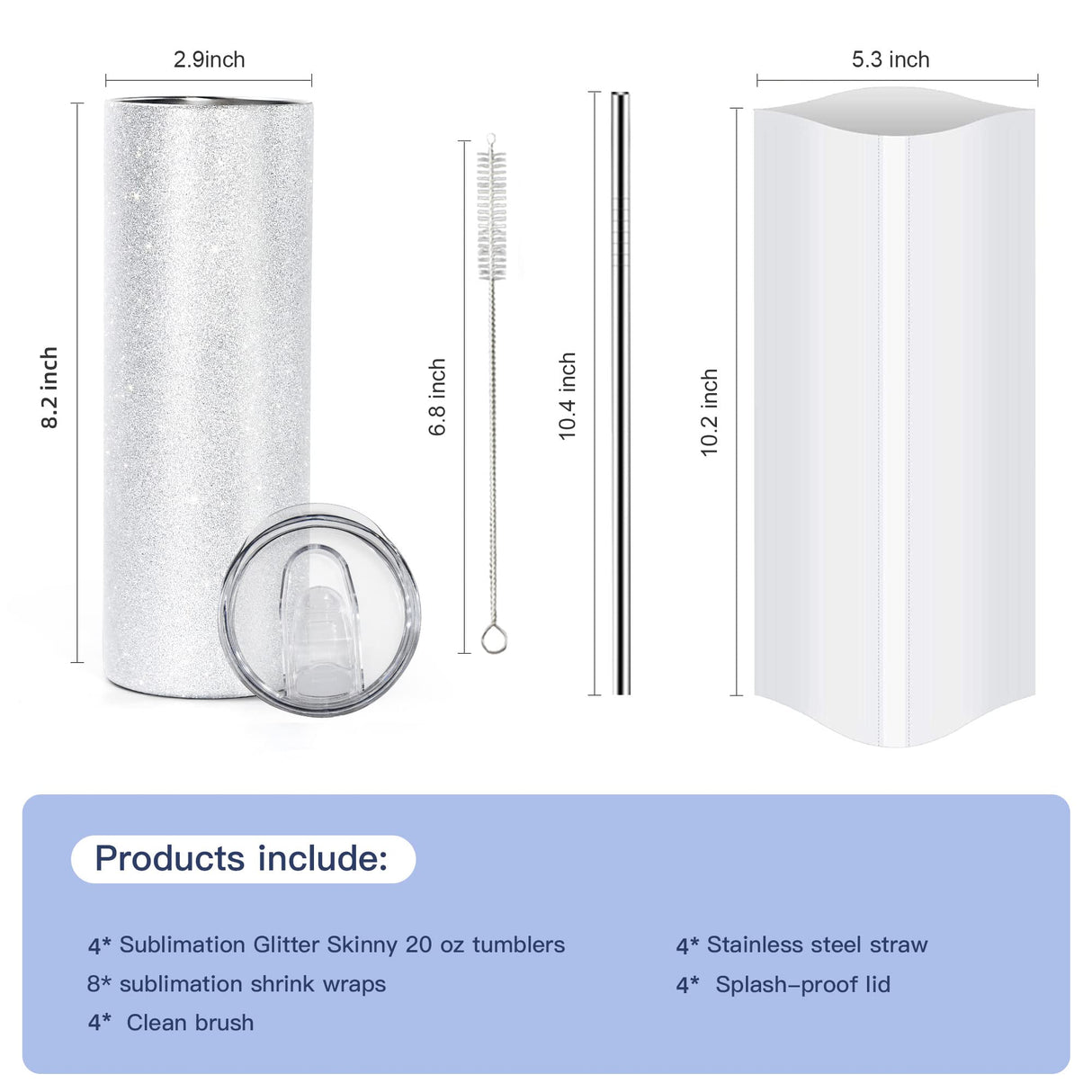 AGH 4PCS Sublimation Glitter Tumblers 20 oz Skinny Straight White 20oz Blanks Stainless Steel Cup with Lid & Metal Straw & Shrink Wrap & Brush AGH