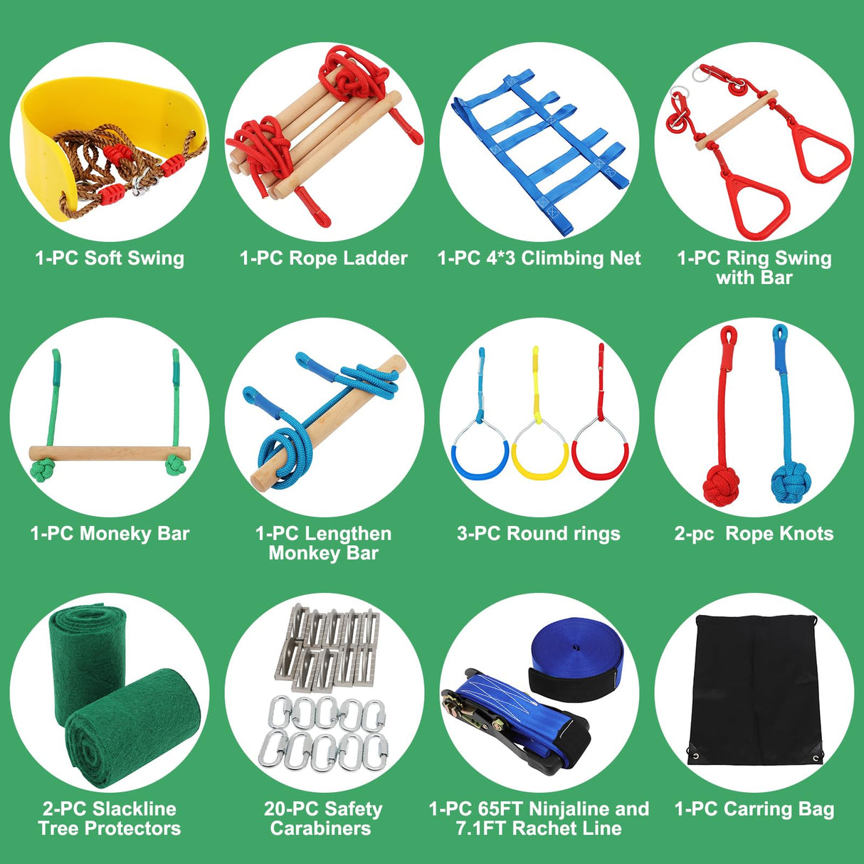 Ninja Warrior Kids Obstacle Course, 65 FT Durable Slackline with 7 Obstacles-Swings, Monkey Bars, Arm Trainers and More, Weatherproof Outdoor Obstacle Course for Backyard, Gym, Field FAHKNS