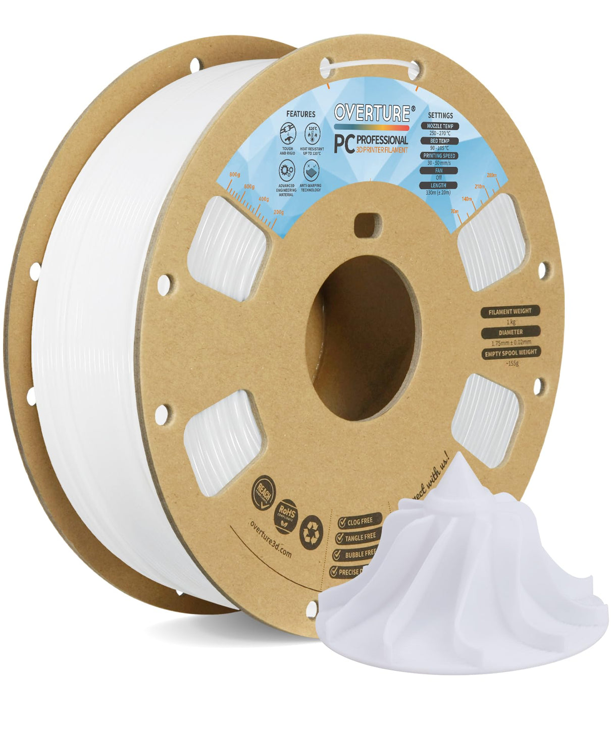 OVERTURE Tough PC Professional Filament, Cardboard Spool, 1kg(2.2lbs), Dimensional Accuracy Probability +/- 0.02mm, Fit Most FDM Printer (White) OVERTURE