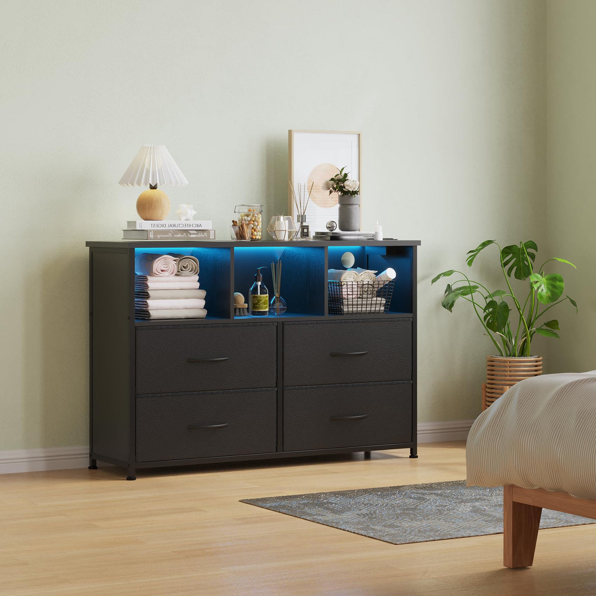 LUMTOK 4-Drawers Dresser with 3 Open Storage Shelves, Fabric Dressers Drawers for Bedroom, Hallway, Nursery, Closets, Steel Frame, Wood Top, Easy Pull Handle (Black) LUMTOK