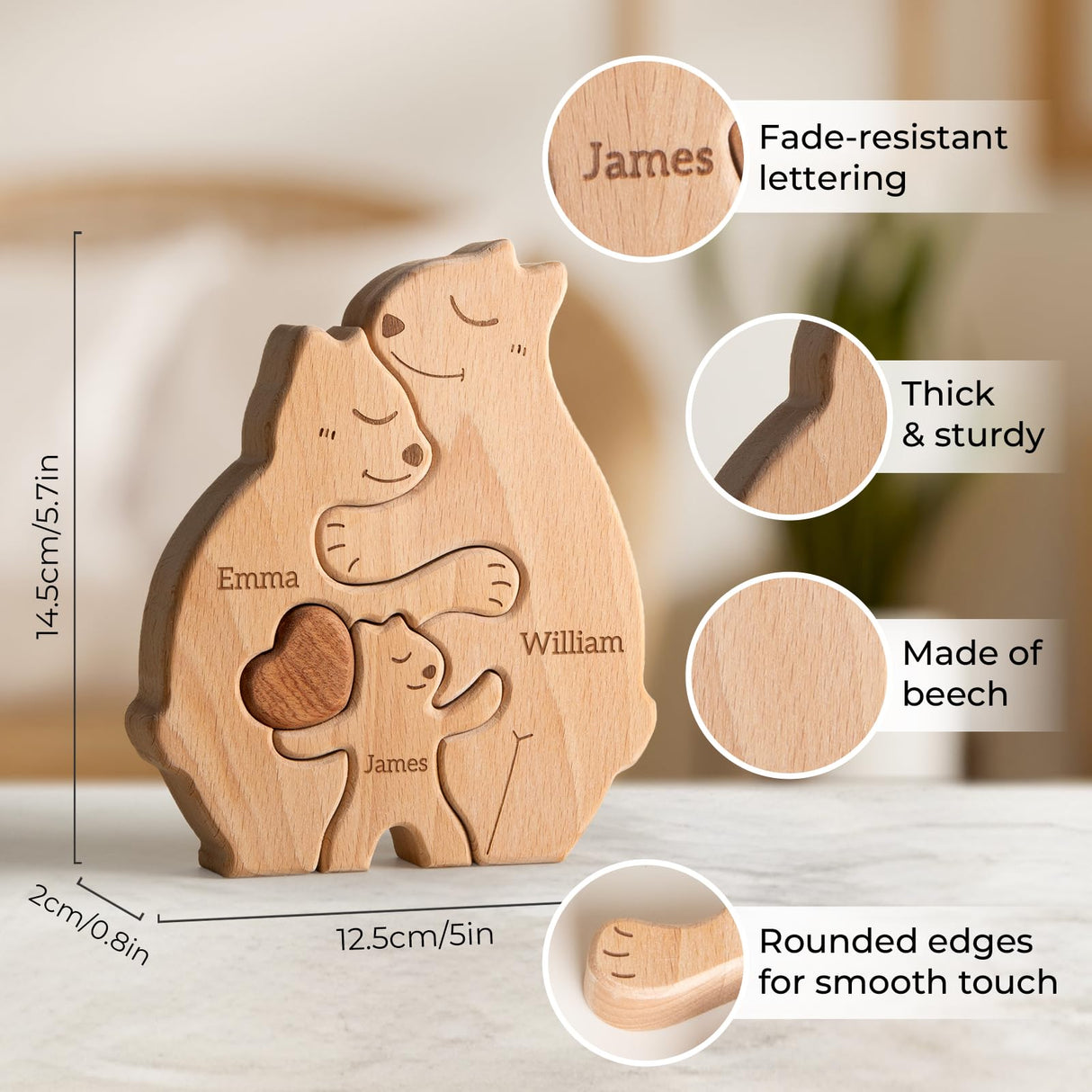 Customizedbee Wooden Bears Family Puzzle, Personalized Jigsaw Puzzles for Adults Kids, Family Decor for Mom, Woody Sculpture, Housewarming Gifts for Parents Couple Customizedbee