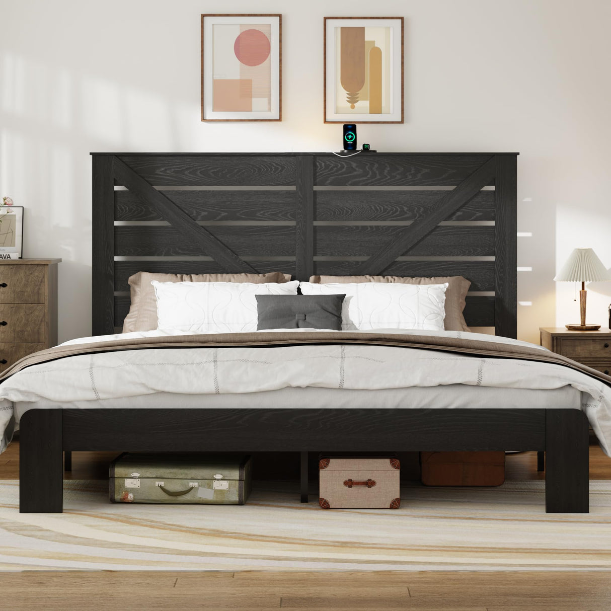 PAUKIN King Size Wooden Bed Frame with Headboard, Rustic Farmhouse Platform Bedframe with Metal Slat Support, Under Bed Storage Space, Easy Assembly, Noisy Free (Black, King) PAUKIN