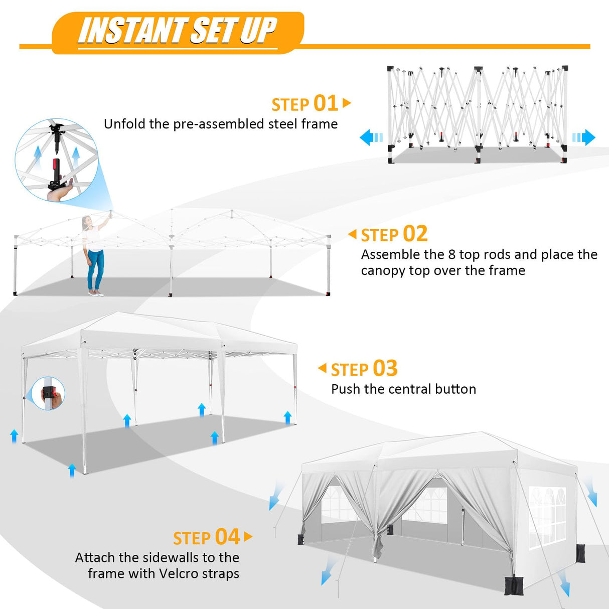 HOTEEL 10x20 Pop Up Canopy with 6 Sidewalls, One-Push Setup Canopy Tent with 8 Windbreak Poles, 10x20 Waterproof Outdoor Canopies for Parties Market Weddings Camping Patios (White) Hoteel
