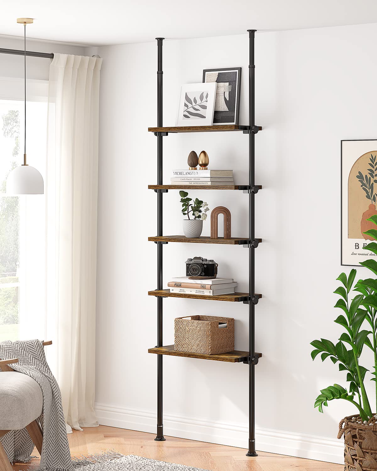 ALLZONE Rustic Brown 5-Tier Adjustable Ladder Bookshelf with Floor-to-Ceiling Tension Mount ALLZONE