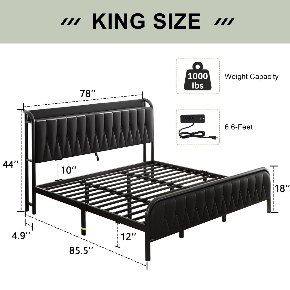 Leather King Size Bed Frame with Fast Charging Station,Metal Platform King Beds with Upholstered Headboard & Footboard,12" Underbed Storage Space, Easy Assembly,Noise-Free,Black Feonase
