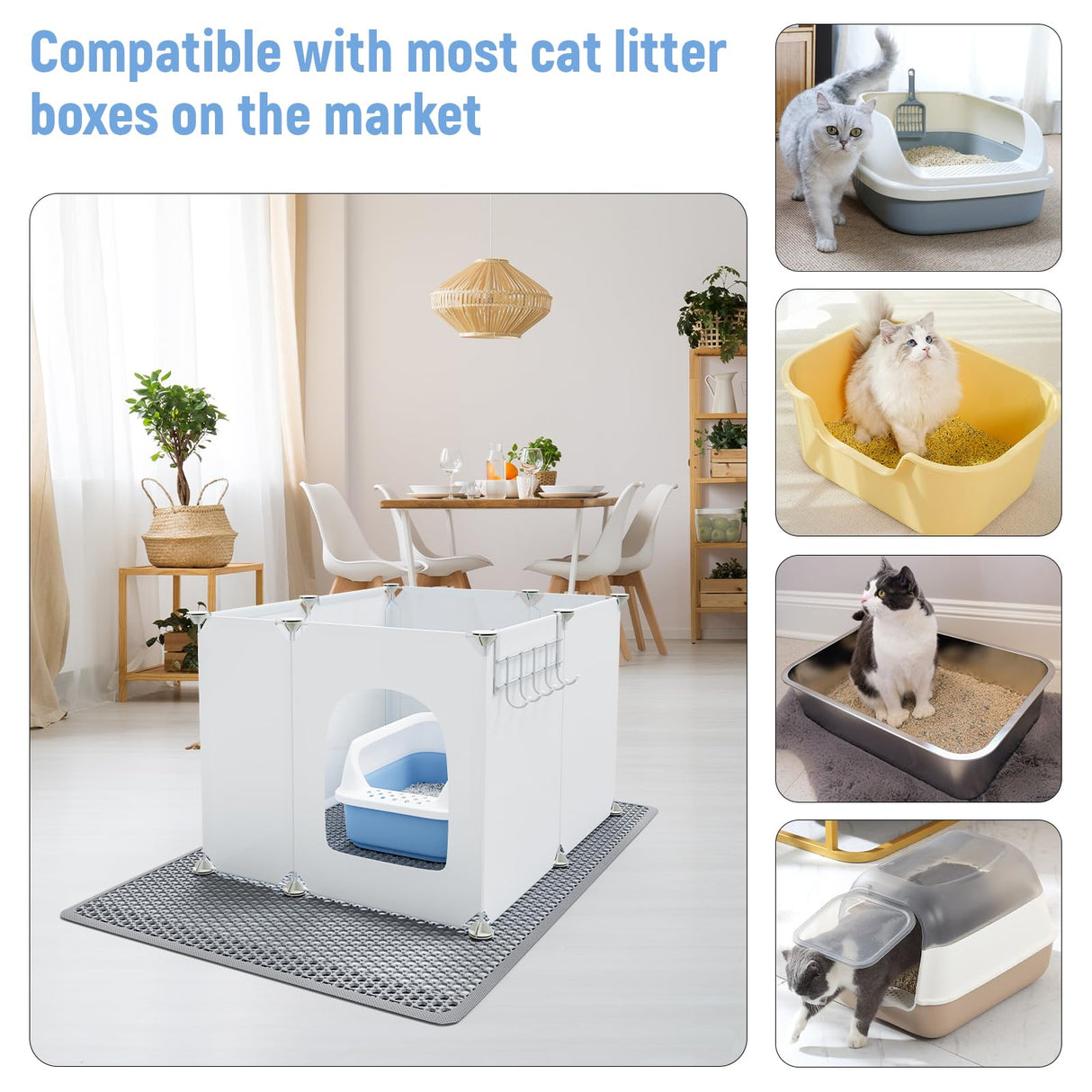 Cat Litter Box Enclosure, Large Cat Toilet Splash Guard Without Leakage (24"L × 18.9"W × 16.5"H) Foldable Litter Tray Screen with Non-Slip Mats & Dust Cover, Pet Bathroom Pee Shields (No Litter Box) Acools