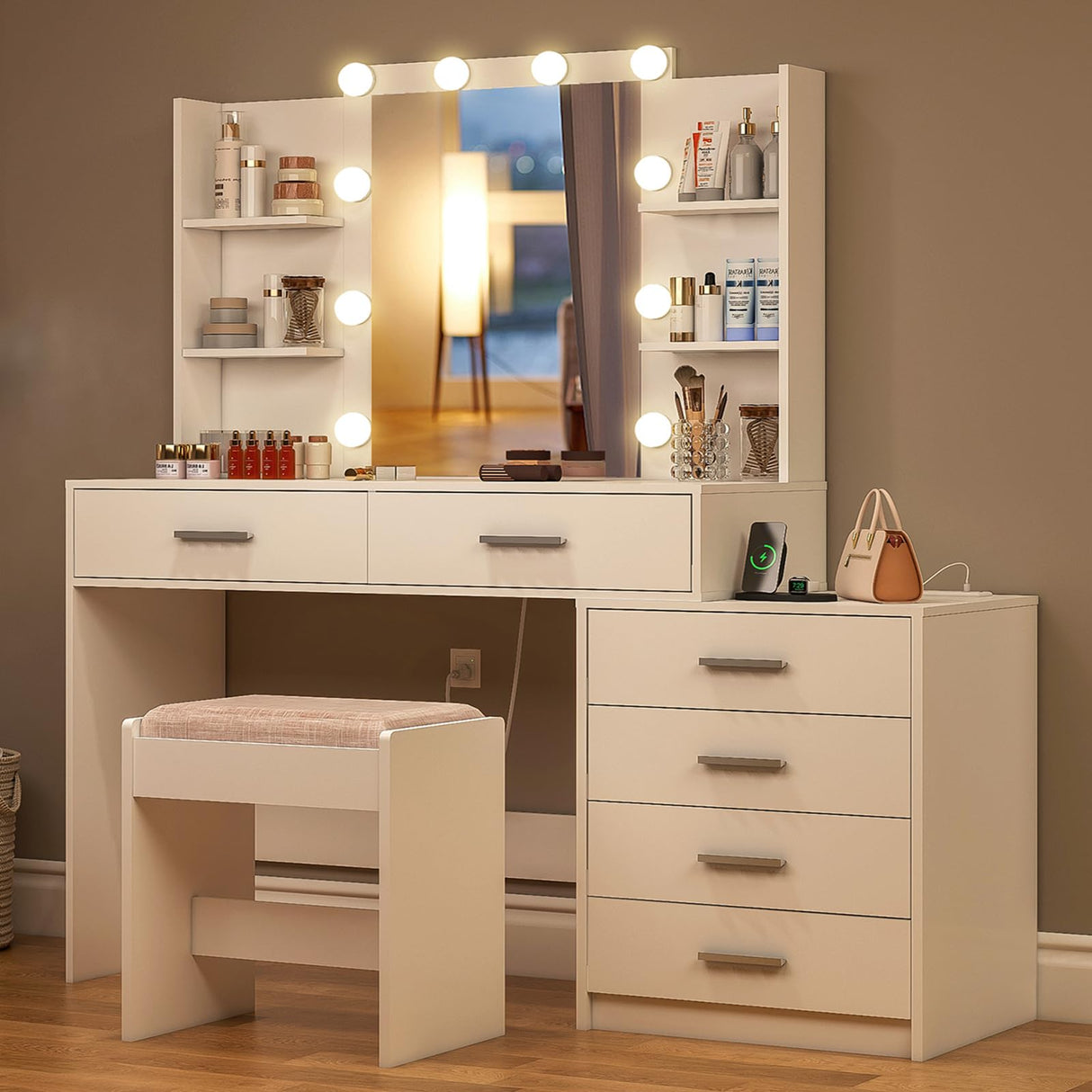 FIONESO Vanity Desk with Mirror & Lights, Makeup Vanity with 6 Drawers, 6 Open Shelves and Power Outlet, 48” Storage Makeup Vanity Desk with Stool Bench for Women, Girls, Bedroom, White FIONESO