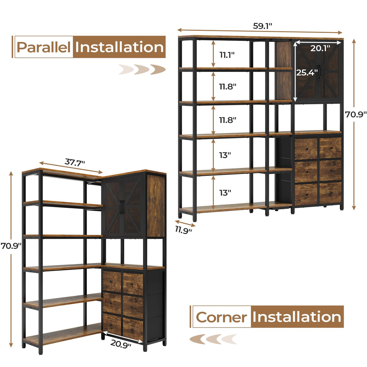HAUOMS Corner Bookshelf, 6 Tier Industrial Convertible Bookshelf with 6 Fabric Drawers, Corner Bookcase Large L Shaped Storage Display Shelf for Home Office, Living Room, Kitchen, Rustic Brown HAUOMS