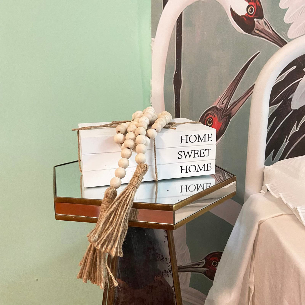 Decorative Books for Home Decor, White Faux Books for Decoration, Rustic Farmhouse Stacked Display Books with 52in Wood Bead Garland for Coffee Tables Living Room, (Home Sweet Home) OMISHE