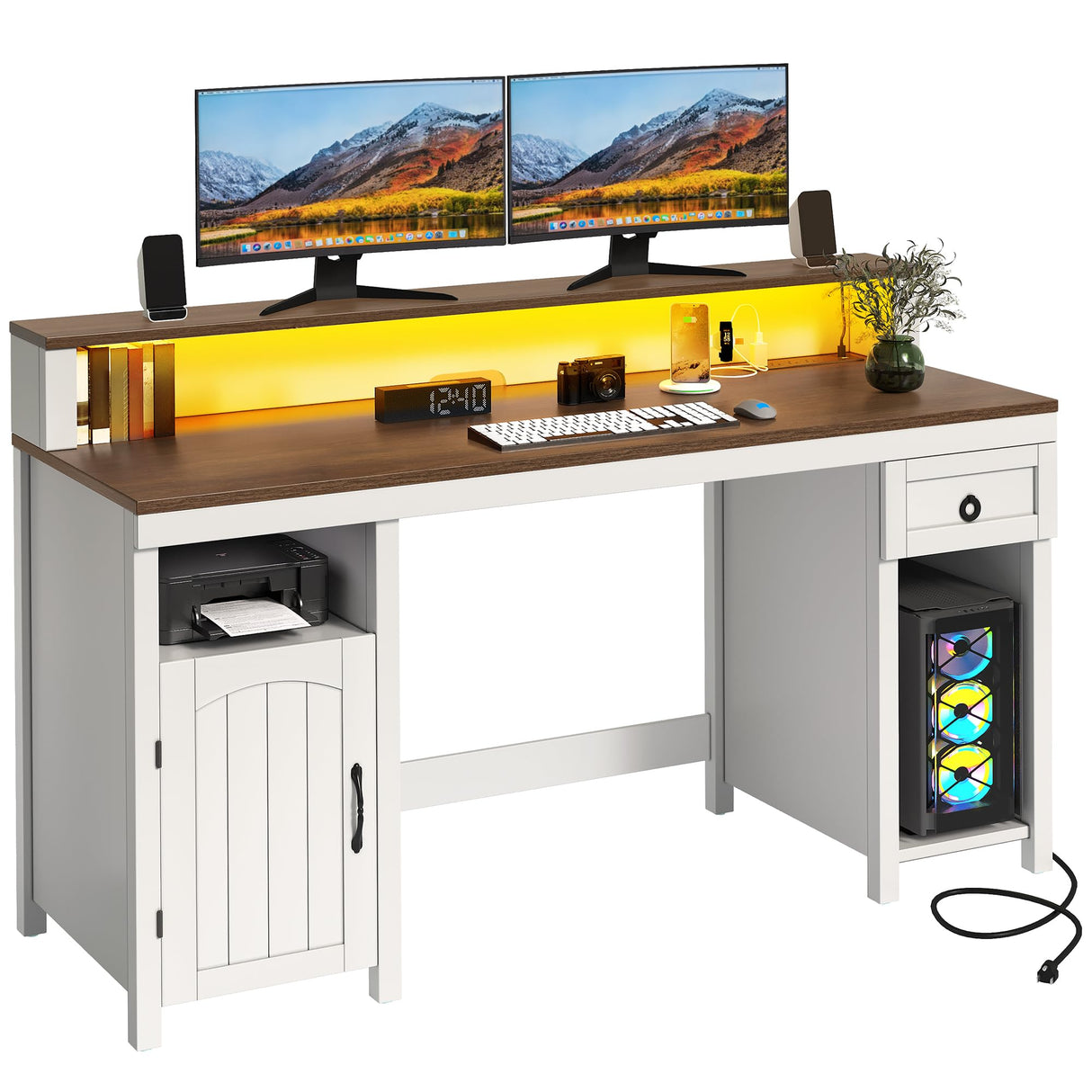 DWVO Farmhouse Office Desk with Drawer & Power Outlets, Wood Computer Desk w/LED Strip & Monitor Stand for Bedchamber Study, Home Office Table with Storage Cabinet for Working Writing Gaming (White) DWVO