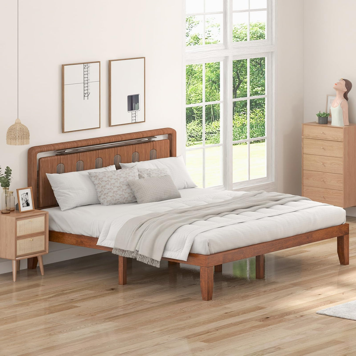 KOMFOTT 14-Inch Solid Rubber Wood King Size Platform Bed Frame - Brown Cherry KOMFOTT