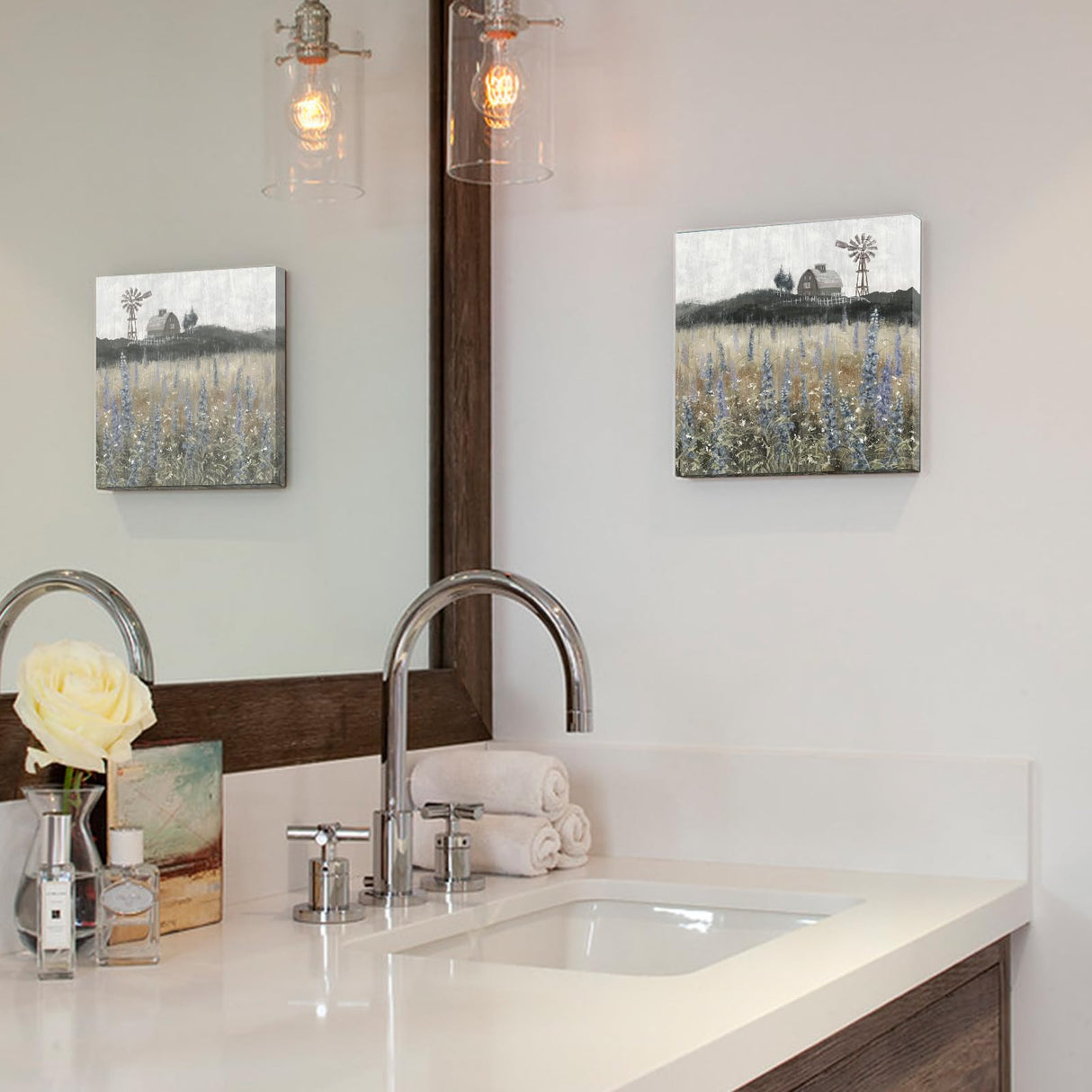 Bathroom Wall Art Vintage Farmhouse Canvas Print Retro Countryside Flower Field Nature Meadow Landscape Rustic Windmill Barn Picture Framed Artwork for Home Bedroom Living Room Black Purple 14x14inch Nicetop