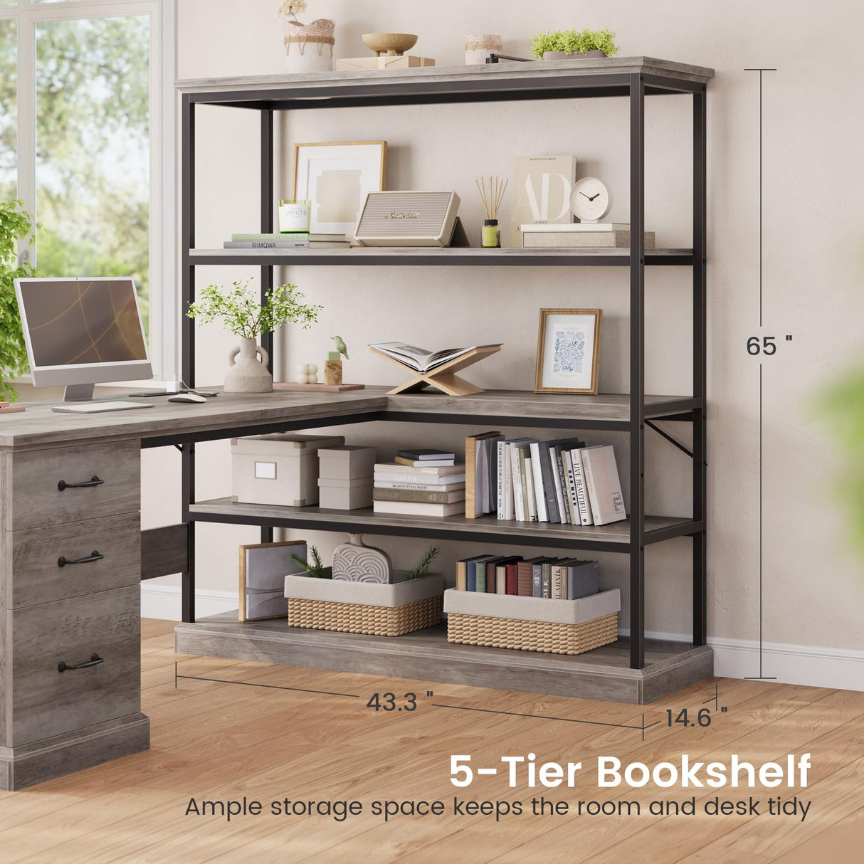 SEDETA Farmhouse 57.1" L Shaped Desk with Drawers, Home Office Desk with Storage Shelves, L Shaped Computer Desk with File Drawer & Bookshelves, Computer Desk with Power Outlets for Home Office, Grey SEDETA