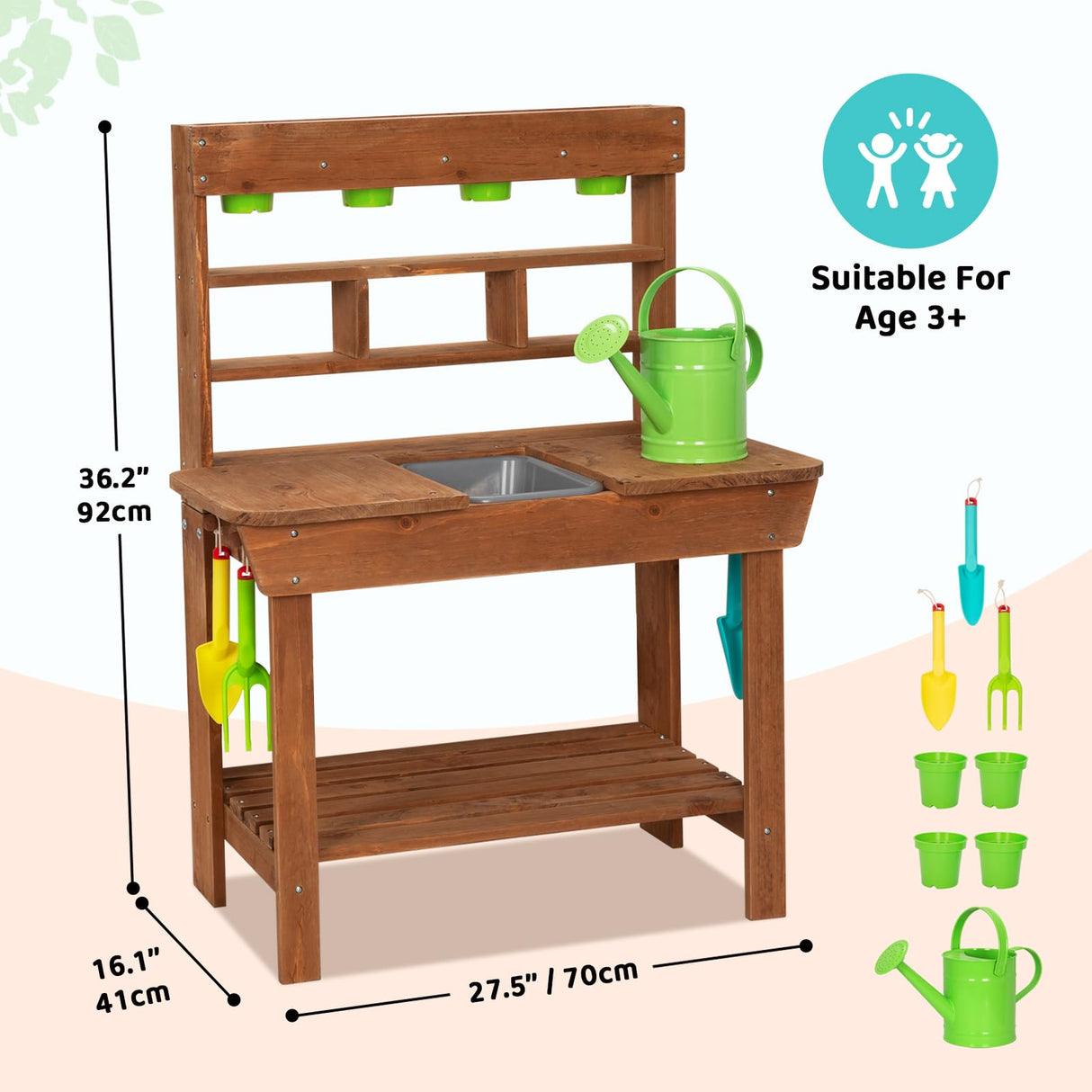 OOOK Potting Bench with Removable Sink, Potting Benches for Outside, Mud Kitchen for Kids Outdoor with Gardening Tools, Watering Can, Flower Pot, Ideal Gift for Boys and Girls 3+, Solid Fir Wood OOOK