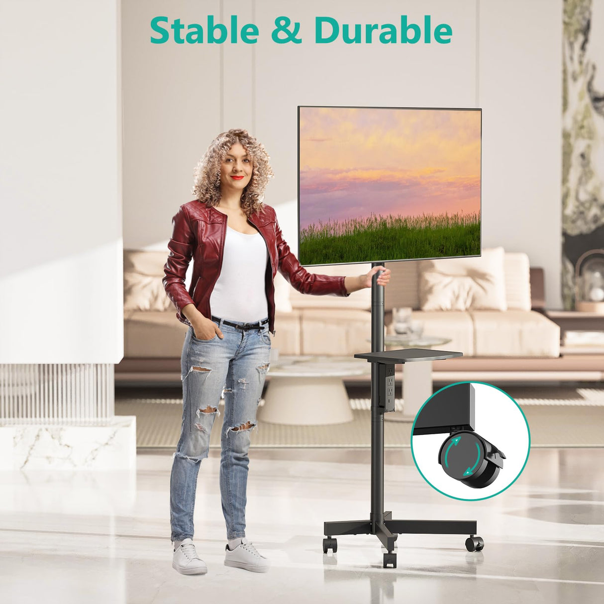 WALI Mobile TV Stand with Power Outlet, TV Cart for 23-65 inch TVs up to 88lbs, Portable Rolling TV Stand on Wheels with Height Adjustable and Tilt 20°, Max VESA 400x400mm (AVC001-P), Black WALI