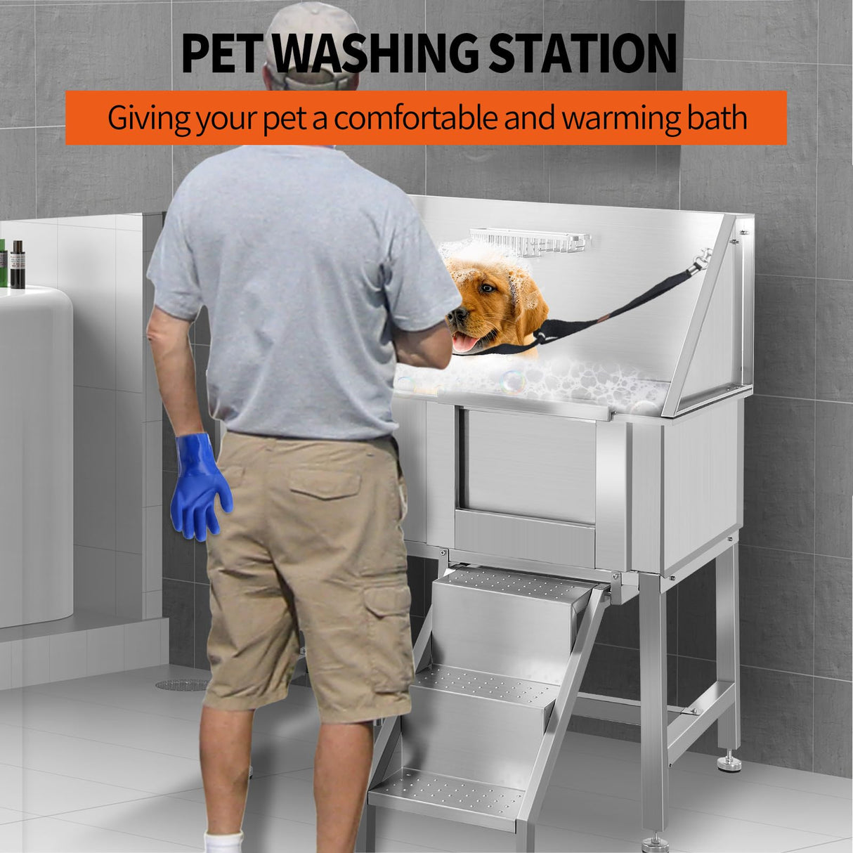 38" Dog Washing Station Large Dogs Grooming Tub Professional Stainless Steel Dog Bathtubs Bathing Tub Pet Washing Station for Home with Steps,R-Door RIGMEC