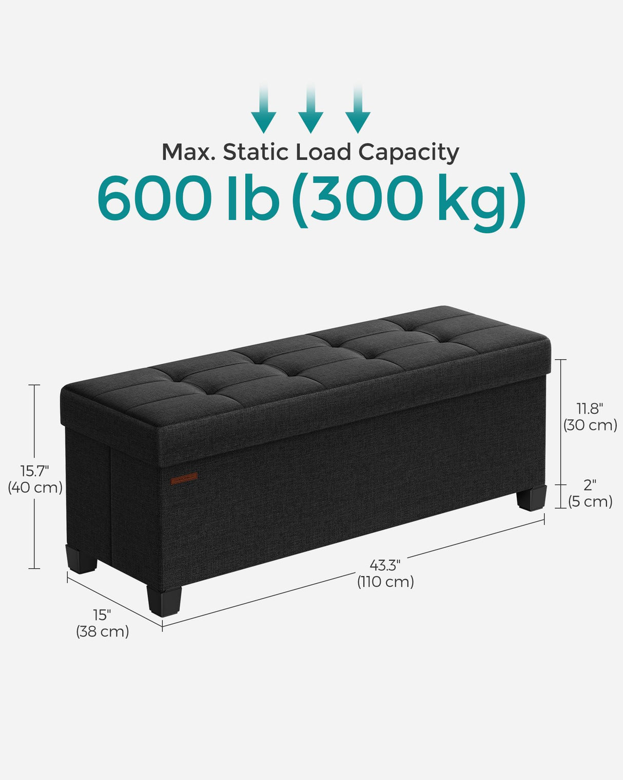 SONGMICS Storage Ottoman Bench, Foldable Foot Rest with Legs, 15 x 43 x 15.7 Inches, End of Bed Bench, Storage Chest, Load up to 660 lb, for Living Room, Bedroom, Entryway, Ink Black ULSF018B01 SONGMICS