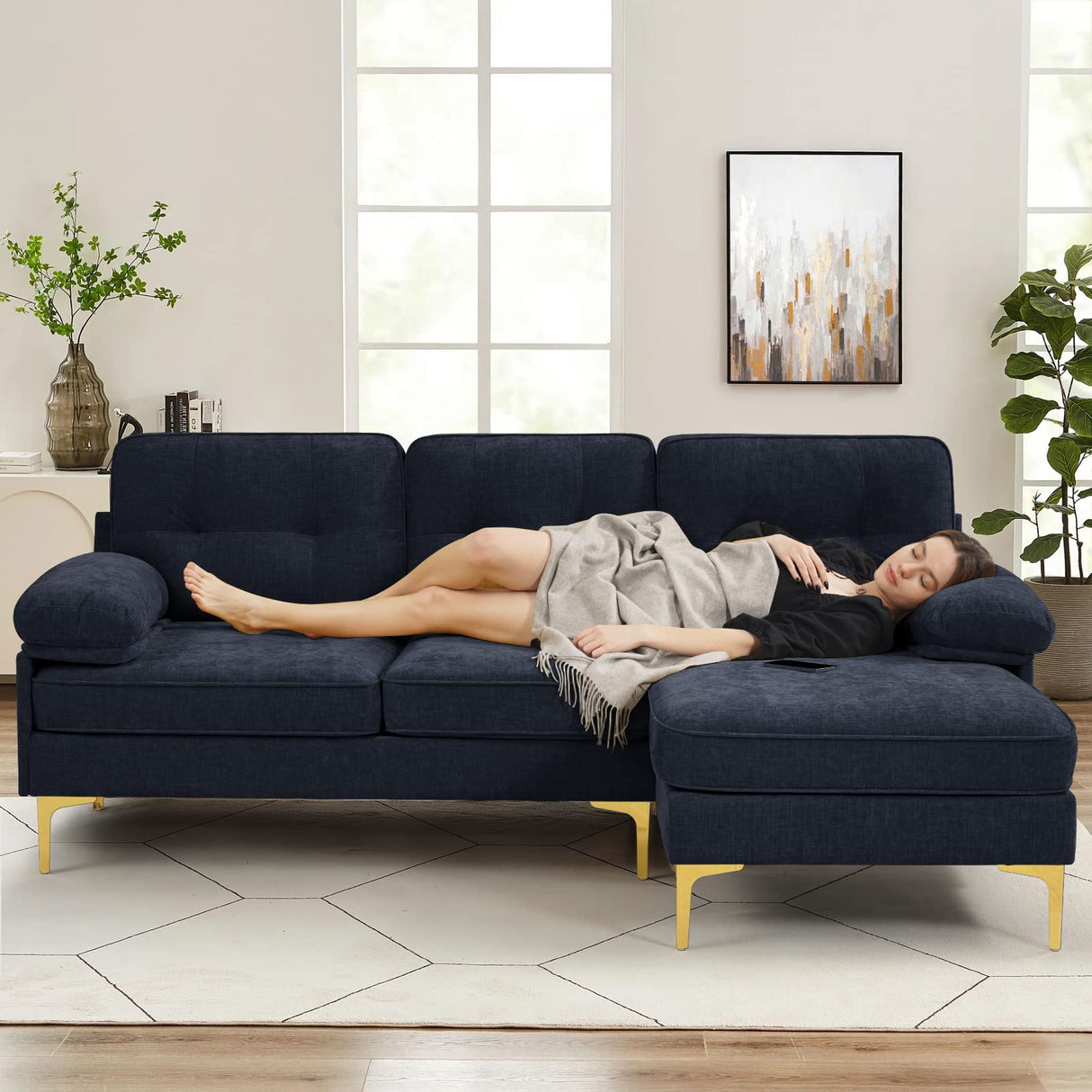 EASELAND 82" L-Shape Sofa with Reversible Chaise Lounge, Convertible Sectional Sofa Couch, Chenille Modern Sofa Couch for Living Room, Apartment and Office, Removable Cover (Dark Blue) EASELAND