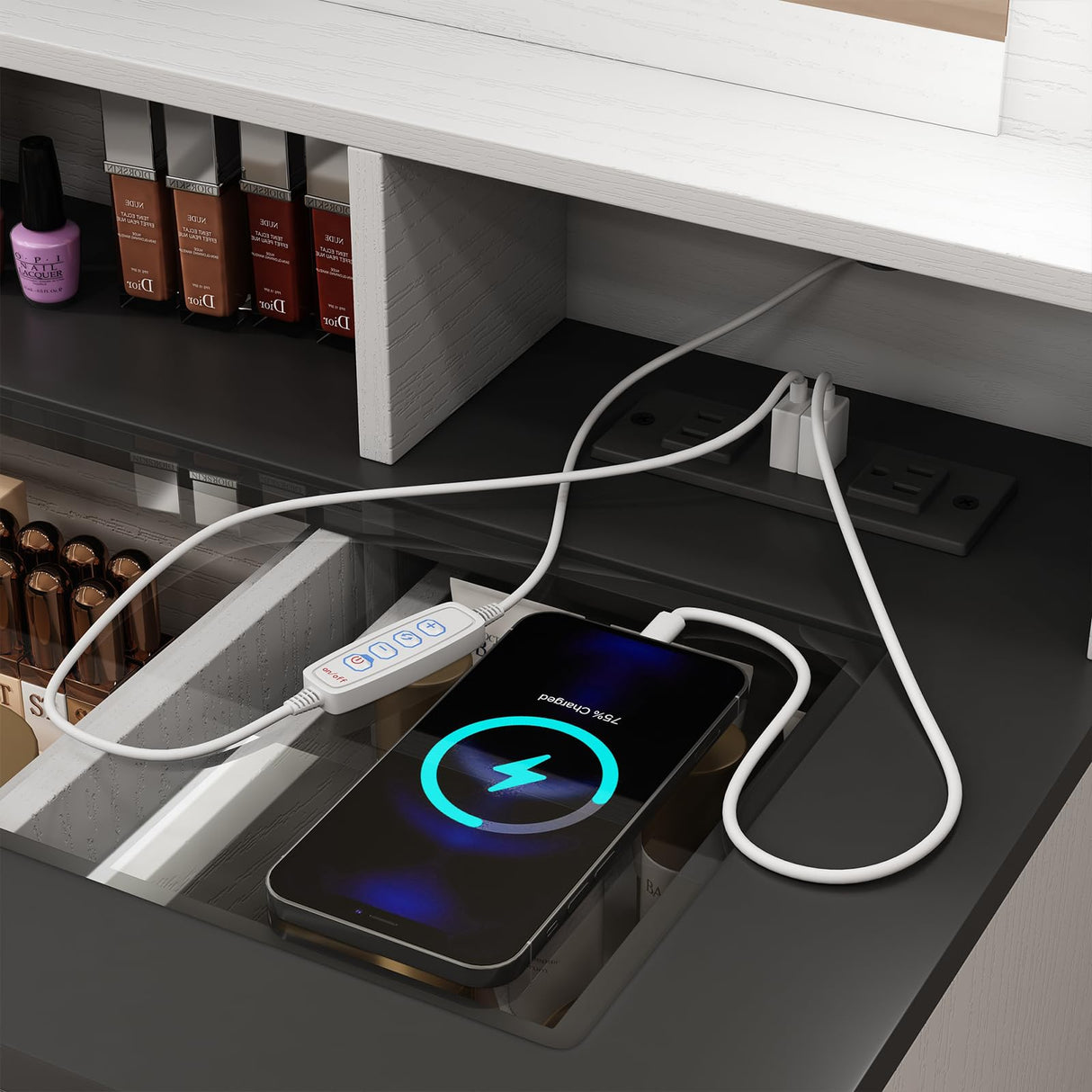 Fameill Makeup Vanity Desk with Lights and Mirror, Vanity Table Set with Stool, Charging Station, Glass Top, Large Mirror with 3 Lighting Modes, 3 Drawers & 2 Cabinets, White Fameill